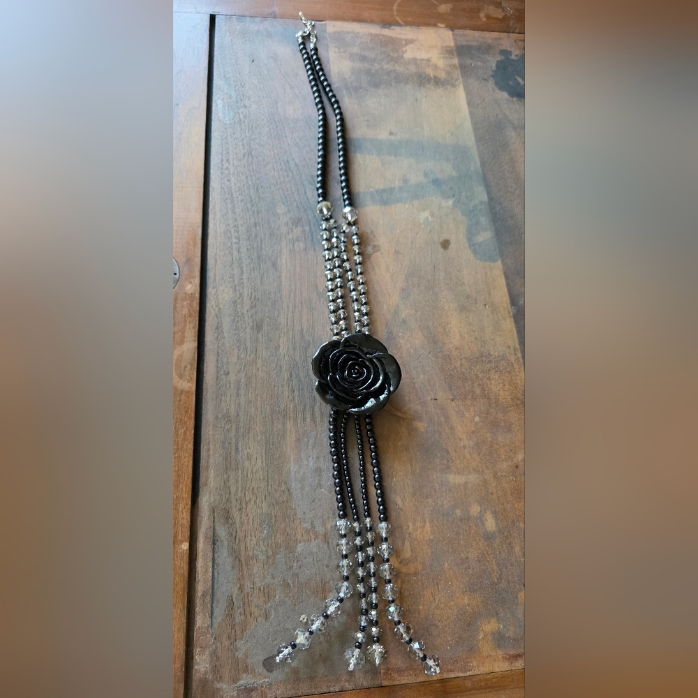 Big Black Rose Tassel Statement Necklace Beaded Costume Jewelry Plastic Romantic